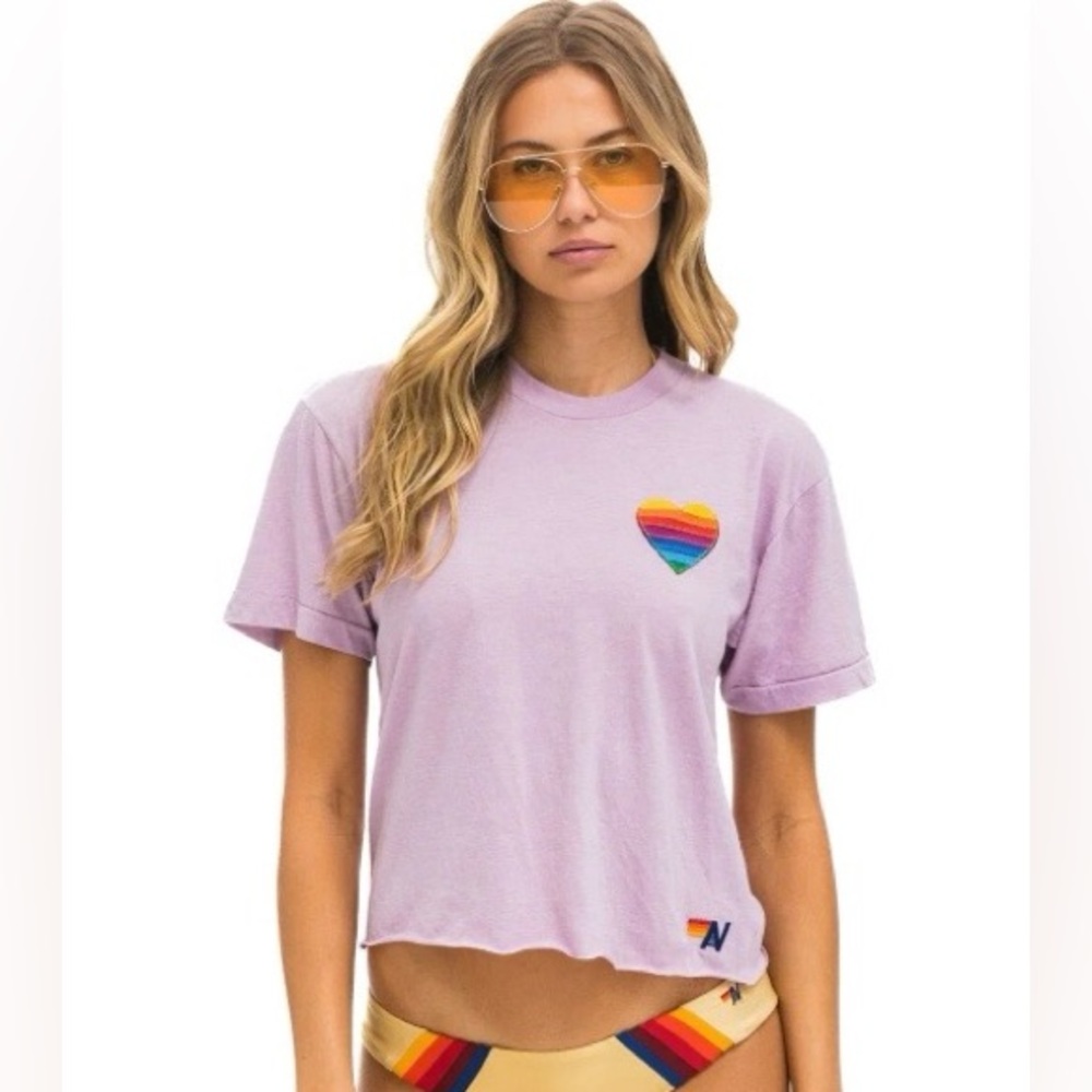 Aviator Nation Women’s BoyfriendTee with Rainbow Heart Patch, mauve, L